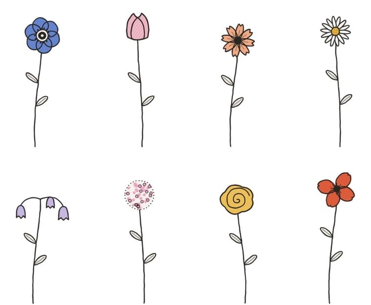 Eight loose flower stems, one for each moment — reflections, activities, books, projects, values, and conversations